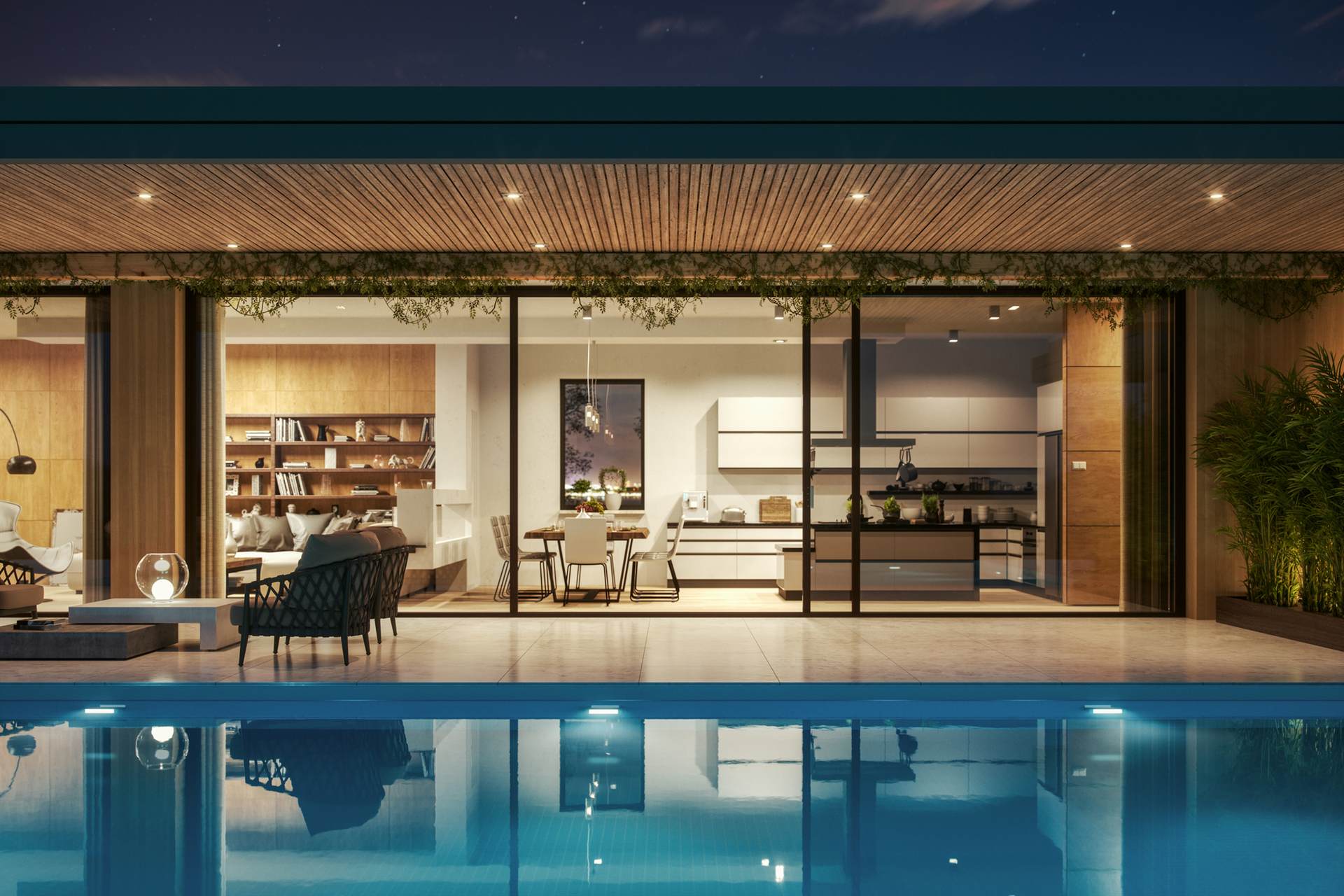 A modern Australian home with a pool at dusk